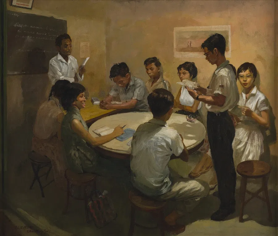 Chua Mia Tee, National Language Class, 1959, Oil on canvas, 105.5 x 125 cm, Gift of Equator Art Society, Collection of National Gallery Singapore. (Image courtesy of National Heritage Board)