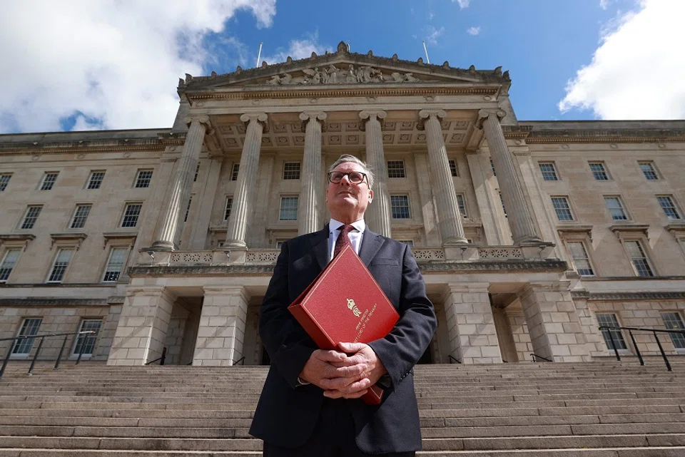 Britain’s Prime Minister Keir Starmer poses outside of Parliament Buildings, the seat of the Northern Ireland Assembly, in Stormont, east of Belfast, on 8 July 2024.  (Liam McBurney/AFP)
