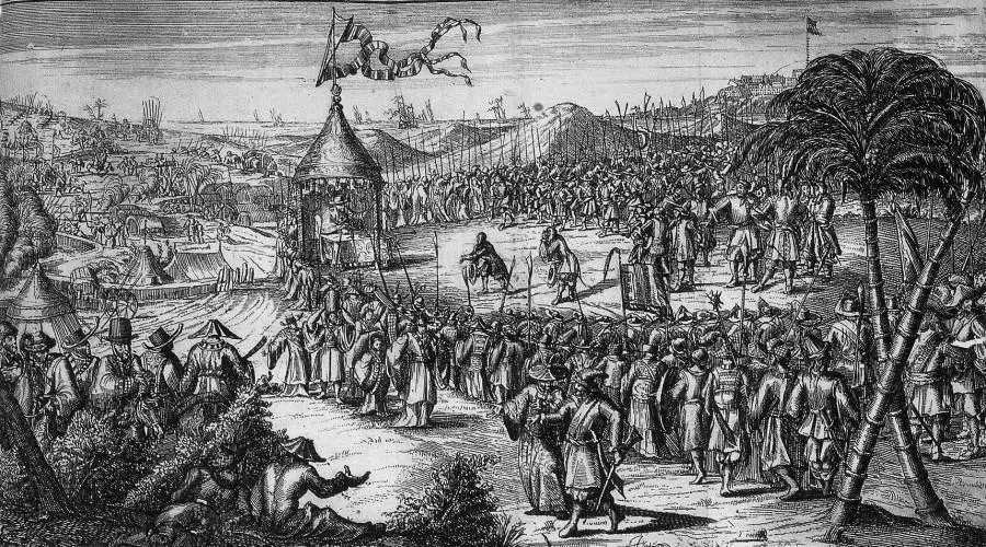 A 16th-century Dutch illustration showing defeated Dutch forces preparing to withdraw from Taiwan after Zheng Chenggong (Koxinga) captured the island.