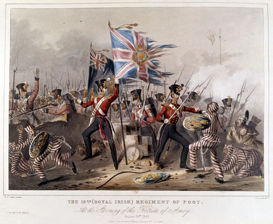The 18th (Royal Irish) Regiment of Foot at the Storming of the Fortress of Amoy, 26 August 1841. Coloured lithograph, by J H Lynch after M A Hayes. Published by William Spooner, London, 1841 (c). (Internet/National Army Museum)