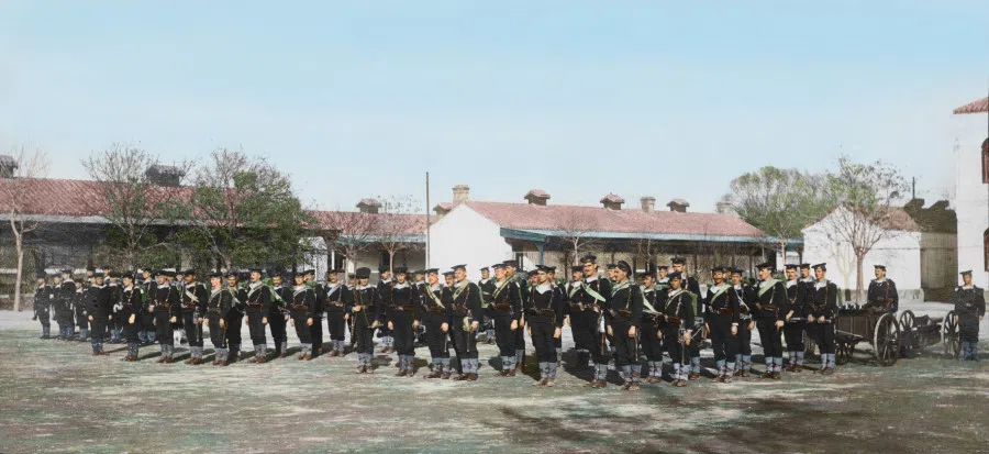 Austro-Hungarian troops holding exercises in the Austro-Hungarian embassy, 1915. It was common to see troops of various countries conducting training and exercises in the Legation Quarter.
