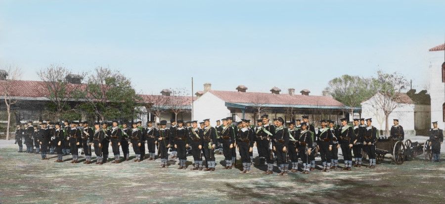 Austro-Hungarian troops holding exercises in the Austro-Hungarian embassy, 1915. It was common to see troops of various countries conducting training and exercises in the Legation Quarter.