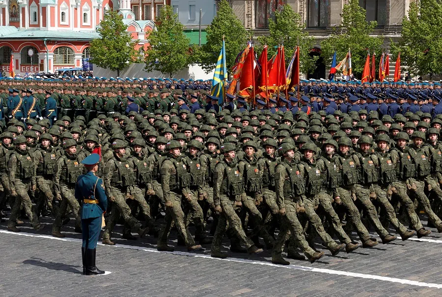 Russian soldiers, who were involved in the country’s military campaign in Ukraine, march in columns during a parade on Victory Day, marking the 80th anniversary of the victory over Nazi Germany in World War Two, in Red Square in central Moscow, Russia, on 9 May 2025.