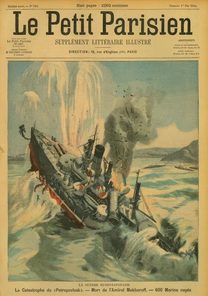 At 9:45am on 13 April 1904, the flagship of Russian Admiral Stepan Makarov was sunk in a Japanese underwater minefield. Vladimir Semenov, captain of the battleship Poltava, recalled the powerful blast: "I heard at least three explosions... almost everything on the flagship flew into the air - bellows, stacks, masts, lifts, even the main turrets and the bridge." With Makarov was Grand Duke Kirill Vladimirovich. As the survivor who was closest to Makarov, he recalled that Makarov was standing in command on the bridge at the time of the blast, but the only item rescued subsequently was his jacket. Following the incident, grieving sailors lamented the loss of a valuable commander rather than the cowardly royals, to which the commander of the cruiser Bayan replied: "Gold always sinks to the bottom of the ocean, only horse manure floats."