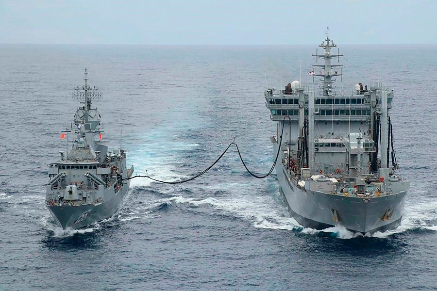This handout photo taken and released by the Indian Navy on 18 November 2020 shows ships taking part in the second phase of the Malabar naval exercise in the Arabian sea. India, Australia, Japan and the US started the second phase of a strategic navy drill on 17 November in the Northern Arabian sea. (Indian Navy/AFP)