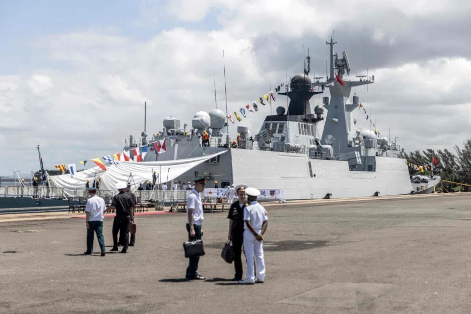 A general view of a Chinese military vessel docked at the port in Richards Bay on 22 February 2023, during a 10-day joint military exercise with Russia and South Africa. (Guillen Sartorio/AFP)