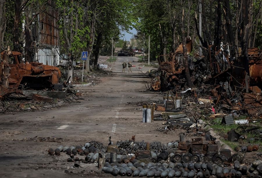 Projectiles and destroyed military vehicles are seen as Russia's attack on Ukraine continues, at an airfield in the town of Hostomel, in Kyiv region, Ukraine, 5 May 2022. (Gleb Garanich/Reuters)