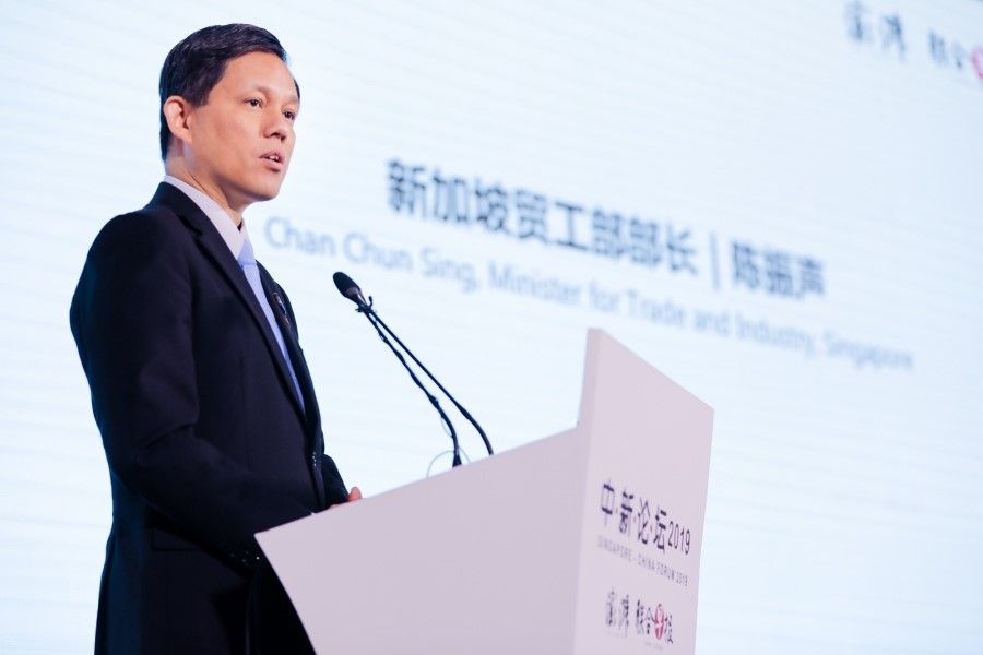 Minister for Trade and Industry Chan Chun Sing speaking at the Singapore-China Forum held in Shanghai on 6 November 2019. (SPH)