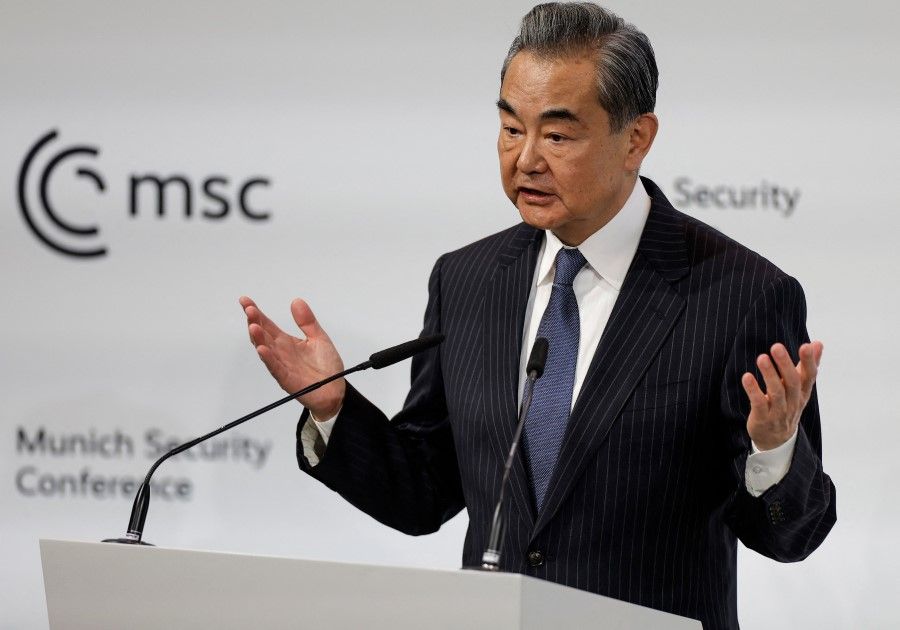 China's Director of the Office of the Central Foreign Affairs Commission Wang Yi delivers a speech at the Munich Security Conference (MSC) in Munich, southern Germany, on 18 February 2023. (Odd Andersen/AFP)