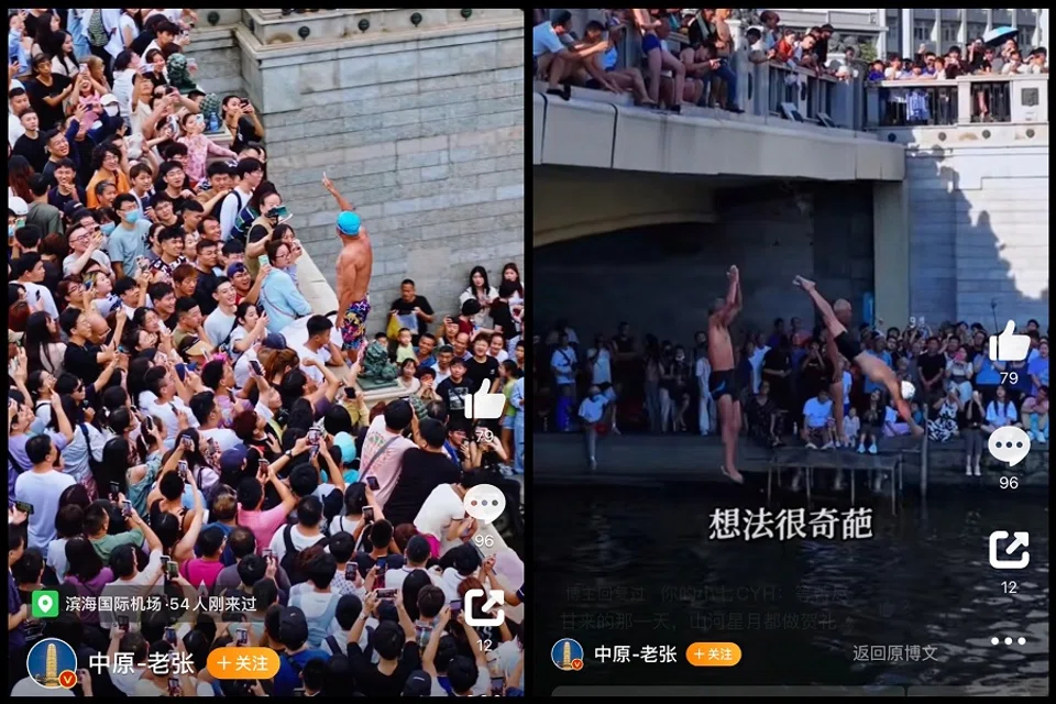 A group of "diving grandpas" from Tianjin recently went viral. (Screenshots from Weibo video)