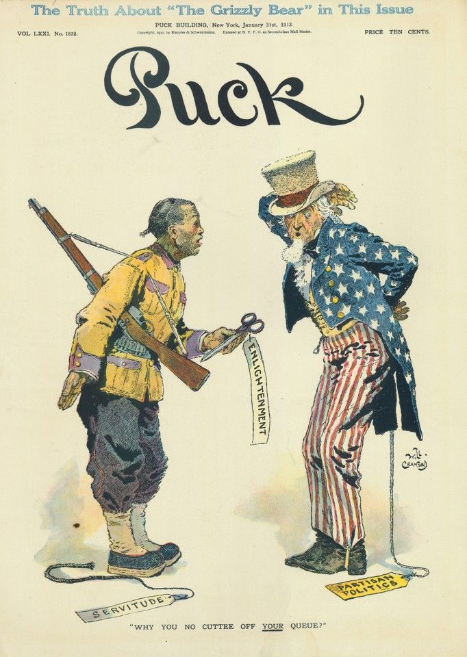 "Why You No Cuttee Off Your Queue?", Puck magazine, 31 January 1912. The Chinese on the left holds a pair of scissors called Enlightenment, and has cut off his queue, symbolising Servitude. He asks Uncle Sam why he has not cut off his queue symbolising Partisan Politics, and goes against the American spirit by discriminating against the Chinese. While the situation for the Chinese worsened after the Chinese Exclusion Act, some Chinese still showed loyalty to the US through their actions such as fighting for the US in various wars. For example, when the US Navy destroyed the entire Spanish fleet in Manila Bay in May 1898, many sailors were Chinese. But despite the great victory, these Chinese sailors were not allowed entry into the US due to the Chinese Exclusion Act. Admiral of the Navy George Dewey wrote to the Secretary of the Navy and other senior officials in protest, but was unable to break through governmental obstacles. All of the other participants in this war were treated as heroes on their return and even received medals from Congress, making it ironic that the Chinese who also bled and fought were not even allowed into the US.