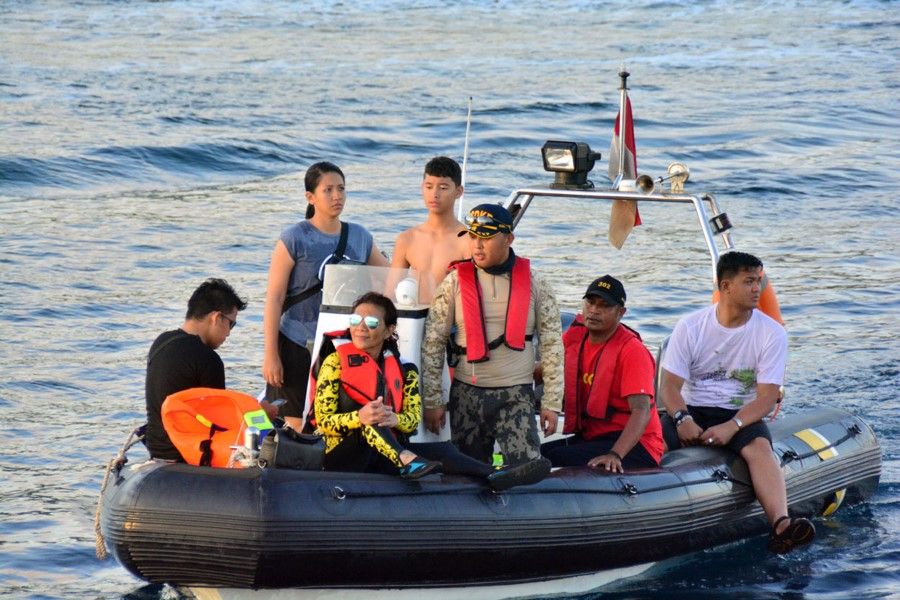 This photo from June 2016 shows Maritime Affairs and Fishery Minister Susi Pujiastuti (in sunglasses) in a patrol boat off the Komodo National Park. (Jakarta Post)