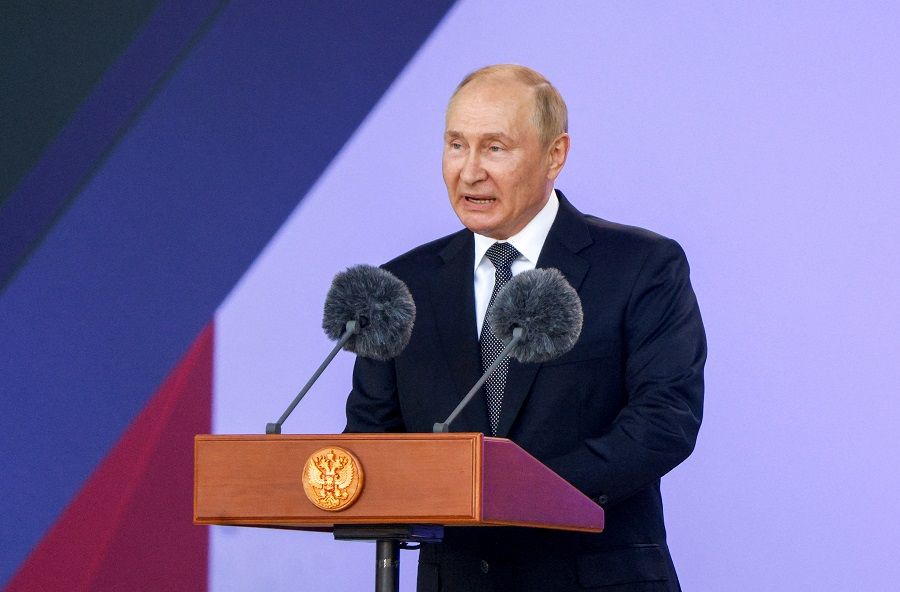 Russian President Vladimir Putin delivers a speech during the opening ceremony of the international military-technical forum Army-2022 at the Patriot Congress and Exhibition Centre in the Moscow region, Russia, 15 August 2022. (Maxim Shemetov/Reuters)