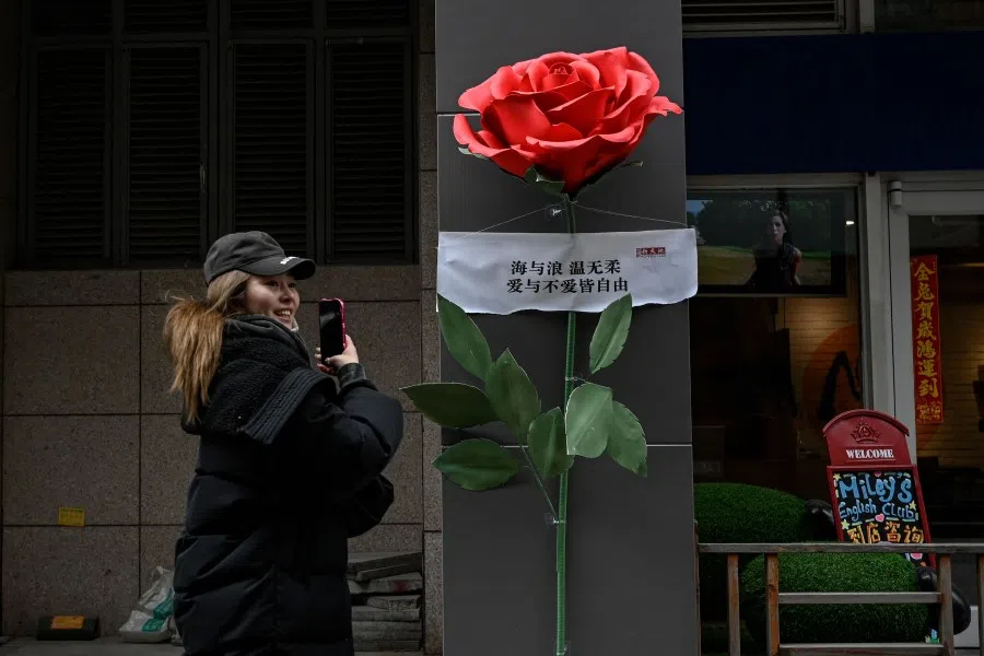 A woman takes photos as she walks past an installation of roses on Valentine's Day outside a shopping mall in Beijing on 14 February 2023. (Jade Gao/AFP)