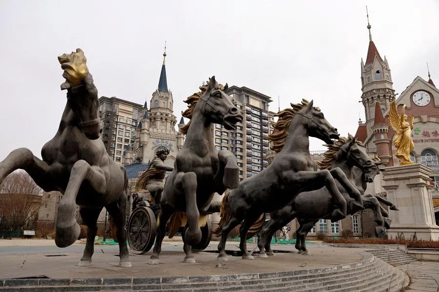 A view of statues outside an unfinished residential development by China Evergrande Group, in the outskirts of Shijiazhuang, Hebei province, China, on 1 February 2024.