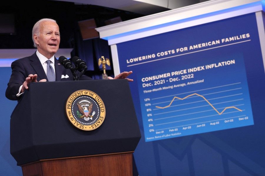 US President Joe Biden delivers remarks on the economy and inflation in the Eisenhower Executive Office Building on 12 January 2023 in Washington, DC. (Kevin Dietsch/Getty Images/AFP)