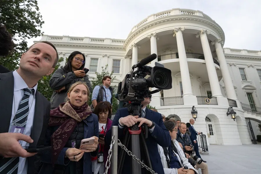 Members of the media on the South Lawn of the White House after arriving on Marine One in Washington, DC, US, on 23 September 2026.