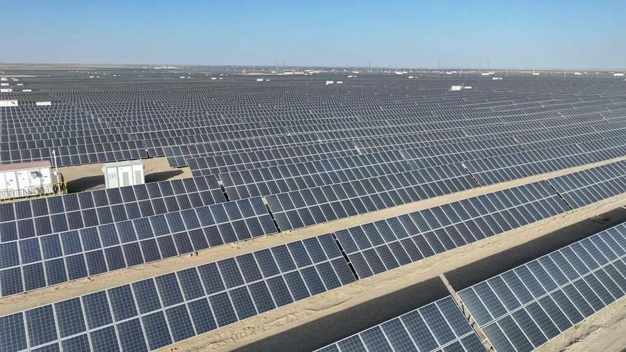 Rows of photovoltaic solar panels are seen at the Hongliuwa Photovoltaic Industrial Park in Jinta county in the Gobi Desert, in Gansu province, China, on 1 February 2026. (AFP)