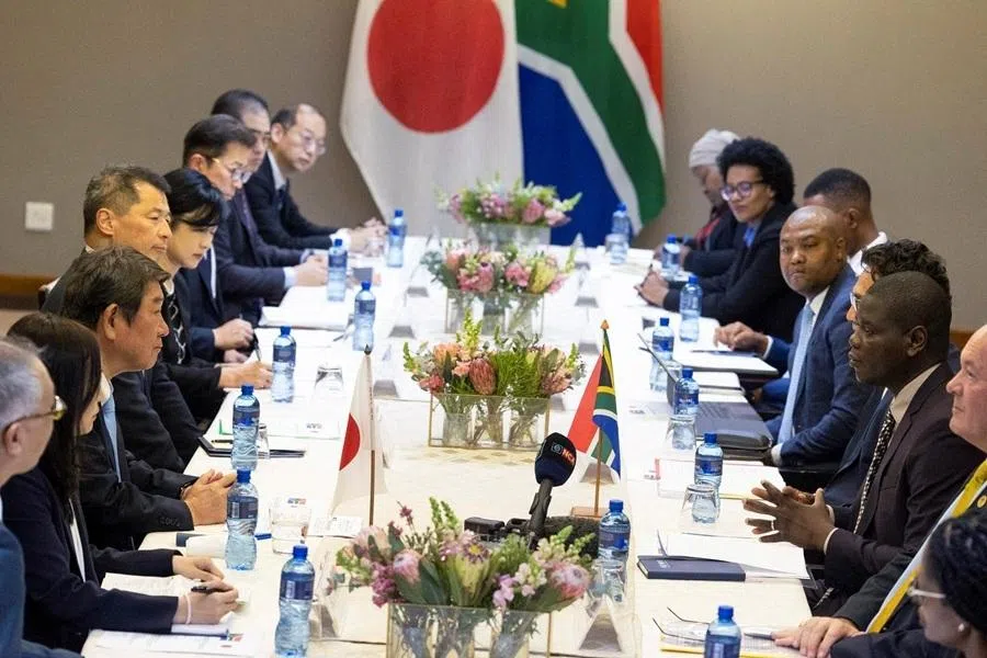 South African Minister of International Relations and Cooperation Ronald Lamola delivers opening remarks during bilateral talks with Japanese Foreign Minister Toshimitsu Motegi, in Pretoria, South Africa, 5 May 2026.
