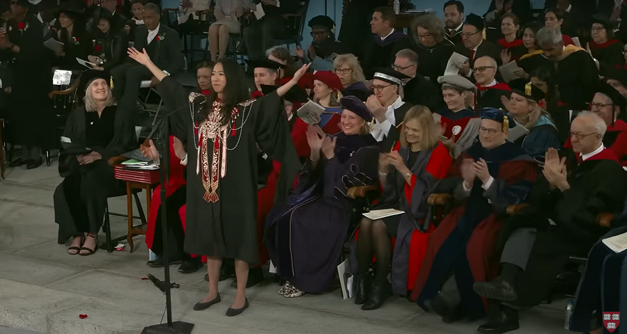While Jiang’s speech earned praise, it also drew ire. (Screen grab from YouTube/Harvard University)