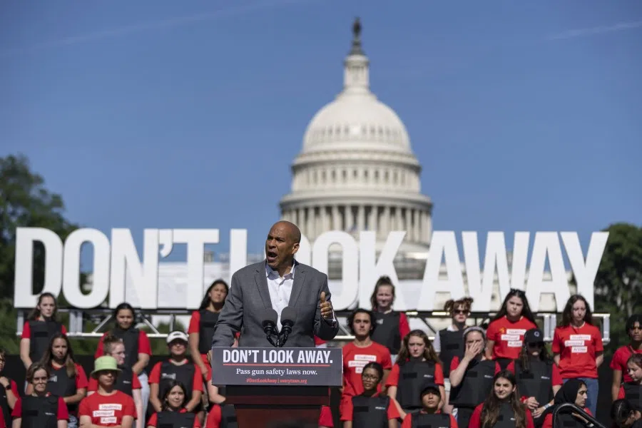 Senator Cory Booker speaks during a rally against gun violence outside the US Capitol on 6 June 2022 in Washington, DC. Organised by several anti-gun violence groups, the activists were at the Capitol to urge lawmakers to take action on gun safety in the wake of multiple recent mass shootings. (Drew Angerer/Getty Images/AFP)