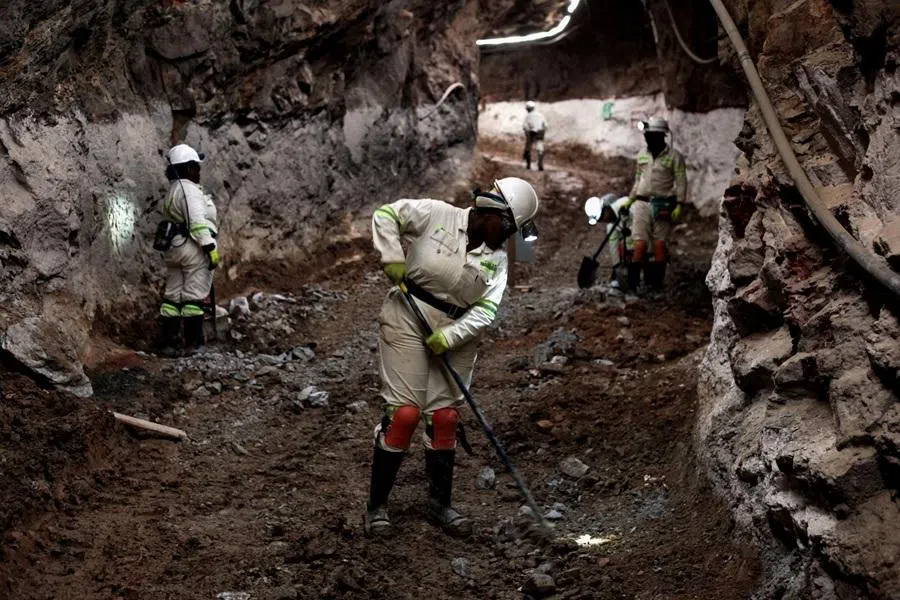 Mine workers work underground at Qala Swallows, South Africa's first new underground gold mine in 15 years, in Roodepoort, west of Johannesburg, South Africa, 18 February 2026.