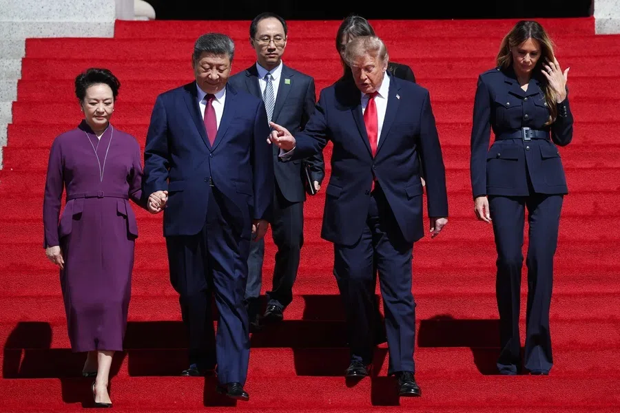 (Left to right) First lady of China Peng Liyuan, President of China Xi Jinping, US President Donald Trump and first lady Melania Trump depart the National Archives Museum following a tour on 25 September 2026 in Washington, DC.