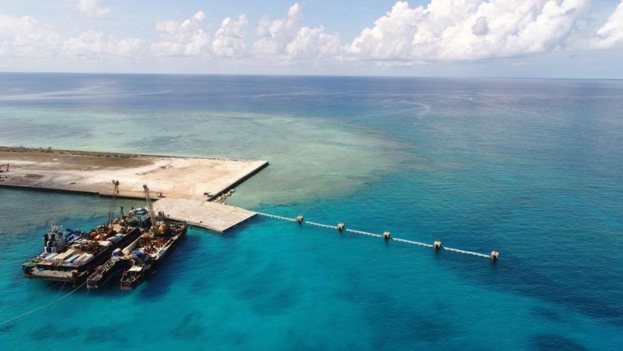 A handout photo by Philippines' Department of National Defense shows the newly built beach ramp at Thitu Island in the disputed South China Sea, 9 June 2020. (Philippines' Department of National Defense/Handout via REUTERS)