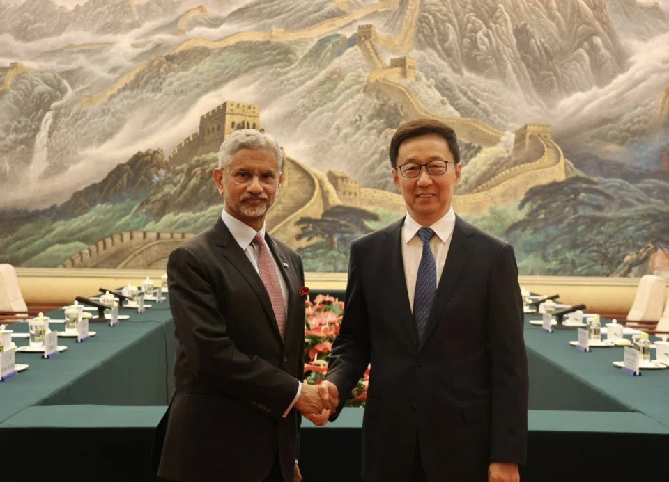 Indian Foreign Minister S. Jaishankar with Chinese Vice-President Han Zheng during his visit in July 2025. (SPH Media)