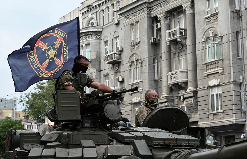 Fighters of Wagner private mercenary group are seen atop a tank while being deployed near the headquarters of the Southern Military District in the city of Rostov-on-Don, Russia, 24 June 2023. (Stringer/File Photo/Reuters)