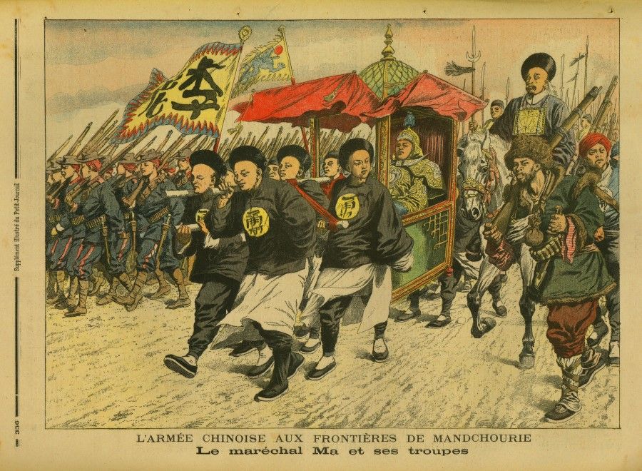 A Chinese general and troops during the Russo-Japanese War. At the time, the most senior official defending northeastern China was Zeng Qi, who held the rank of General of Shengjing (now Shenyang). The rank was later abolished and replaced by the post of Governor of Northeast Provinces. However, the photo caption refers to him as "General Ma", while the standard in the picture reads "Li". Possibly the error was made because the reporter was not familiar with China. There is another interesting reason: as Russia took advantage of the Boxer Rebellion to take northeastern China, Zeng Qi wanted to negotiate peace with Yevgeni Ivanovich Alekseyev, viceroy of the Russian Far East, but did not dare to appear personally. A minor official, Ma Zhongjun, volunteered to be the representative and held his own during the talks, gaining the admiration of the Russians, who agreed to stop their advance and allow the Chinese government to maintain local order. Ma Zhongjun was promoted and known as "Daotai" Ma (马道台, an old official title). The "General Ma" here could be the journalist mistaking Ma for Zeng Qi.