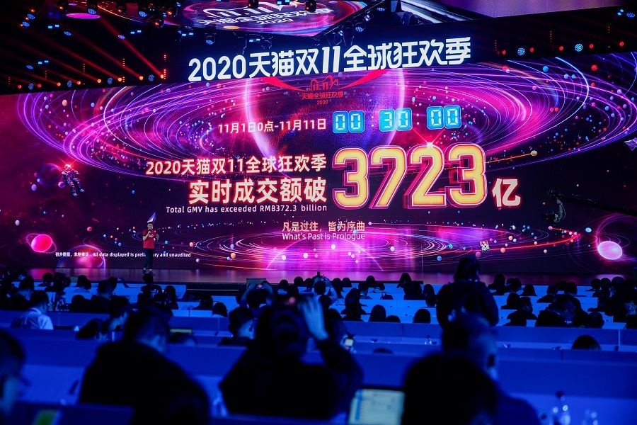 A screen shows the value of goods being transacted during Alibaba Group's Singles' Day global shopping festival at a media center in Hangzhou, Zhejiang province, China, 11 November 2020. (Aly Song/Reuters)