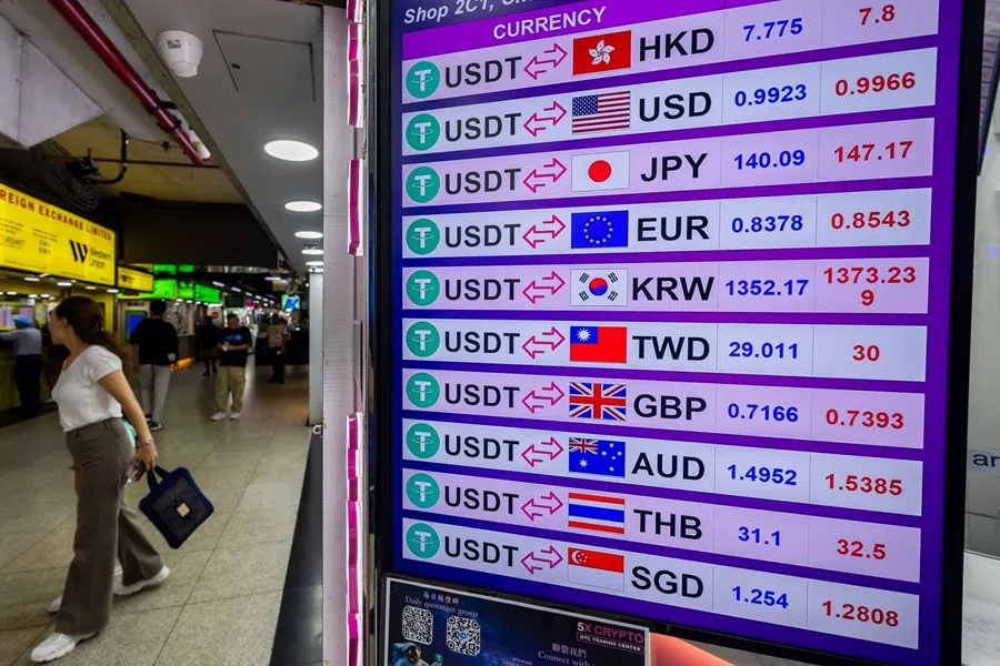 The prices of Tether (USDT) against global currencies at a cryptocurrency exchange in Hong Kong, China, on 14 July 2025. (Paul Yeung/Bloomberg)