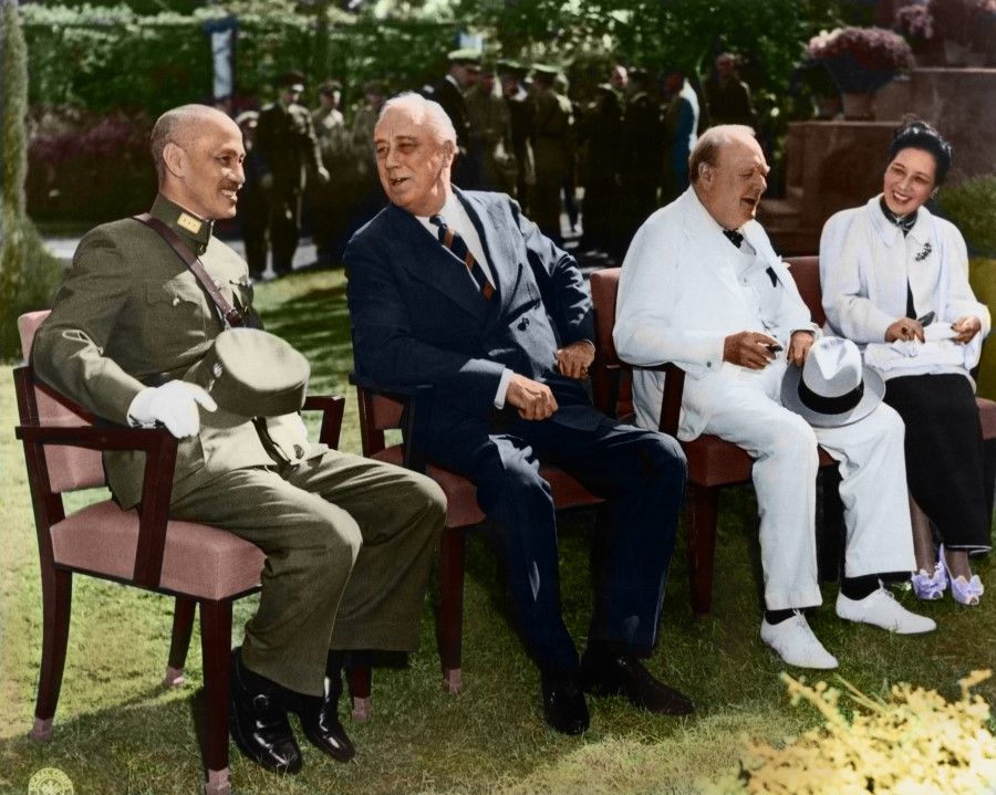 25 November 1943, Cairo - Three state leaders meet in Cairo to discuss military actions ending World War II and post-war international organisation. They pose for a photo outside the Mena House Hotel. (From left) Acting ROC President Chiang Kai-shek, US President Franklin D. Roosevelt, British Prime Minister Winston Churchill, and Madame Chiang. This is the most widely used photograph symbolising China's elevated international status in the later years of the world war.