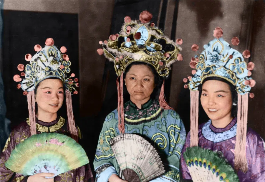Chinese women giving a traditional folk performance during a Chinese festival celebration in Portland.