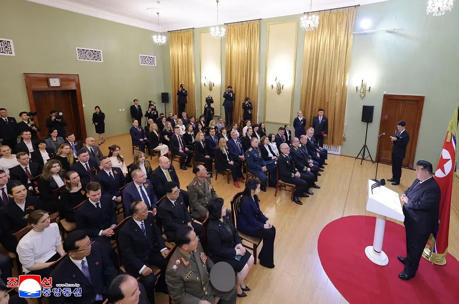 This picture taken on 9 May 2025 and released from North Korea’s official Korean Central News Agency (KCNA) on 10 May 2025 shows North Korean leader Kim Jong Un giving a speech during his visit to the Russian embassy in Pyongyang to mark the 80th anniversary of Russia’s victory in the war over Germany. (KCNA via KNS/AFP)