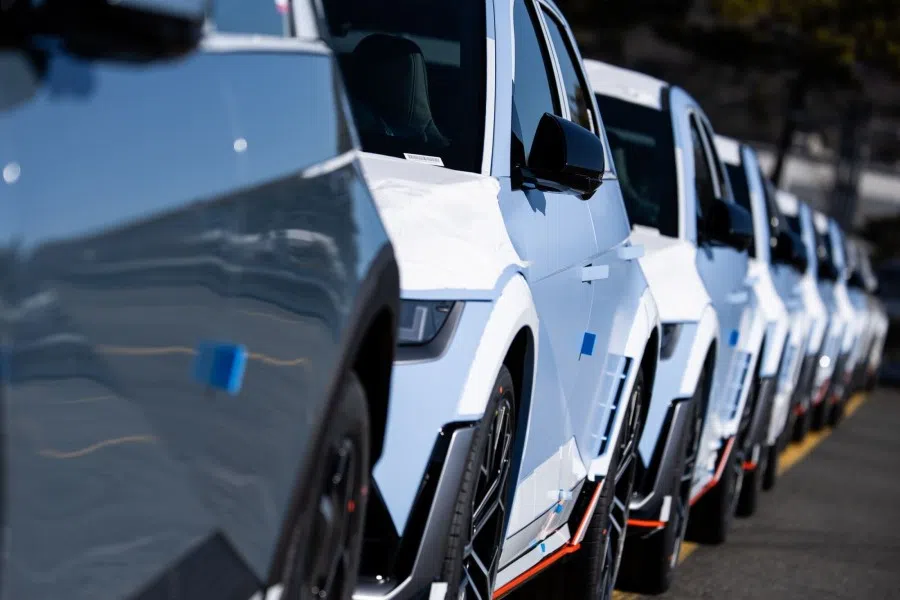 Hyundai Motor Co. Ioniq 5 N electric vehicle (EV) bound for shipment at a port near the company's Ulsan plant in Ulsan, South Korea, on 23 January 2024. (SeongJoon Cho/Bloomberg)
