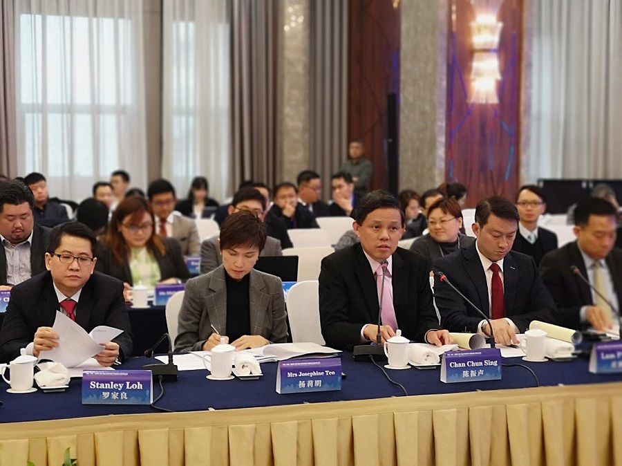 From left: Singapore's Ambassador to China Stanley Loh, Manpower Minister Josephine Teo, Trade and Industry Minister Chan Chun Sing, Senior Minister of State for Health and Transport Lam Pin Min and Enterprise Singapore chief executive Png Cheong Boon at the Chongqing Connectivity Initiative Joint Implementation Committee meeting in Chongqing, China, 8 January 2019. (SPH Media)