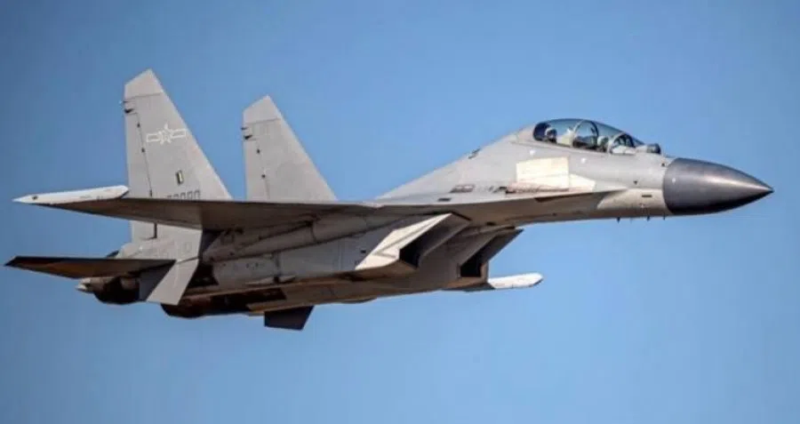 A handout photo made available by Taiwan Ministry of National Defense on 2 October 2021 shows a Chinese PLA Shenyang J-16 fighter, following the incursion of 19 Chinese PLA warplanes including 12 J-16 fighters into Taiwan's Air Defence Identification Zone) on 2 October 2021. (Handout/Taiwan Ministry of National Defense)