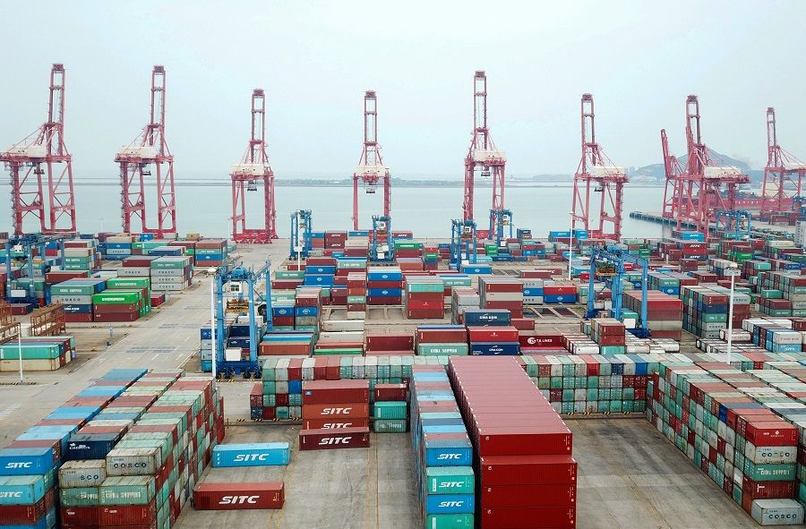 An aerial view shows the container port in Lianyungang, Jiangsu province, China, on 13 October 2020. (STR/AFP)