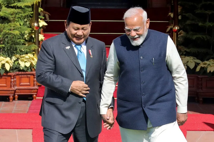 Indonesian President Prabowo Subianto and India’s Prime Minister Narendra Modi arrive for a photo opportunity ahead of their meeting at the Hyderabad House in New Delhi, India, on 25 January 2025. (Altaf Hussain/Reuters)