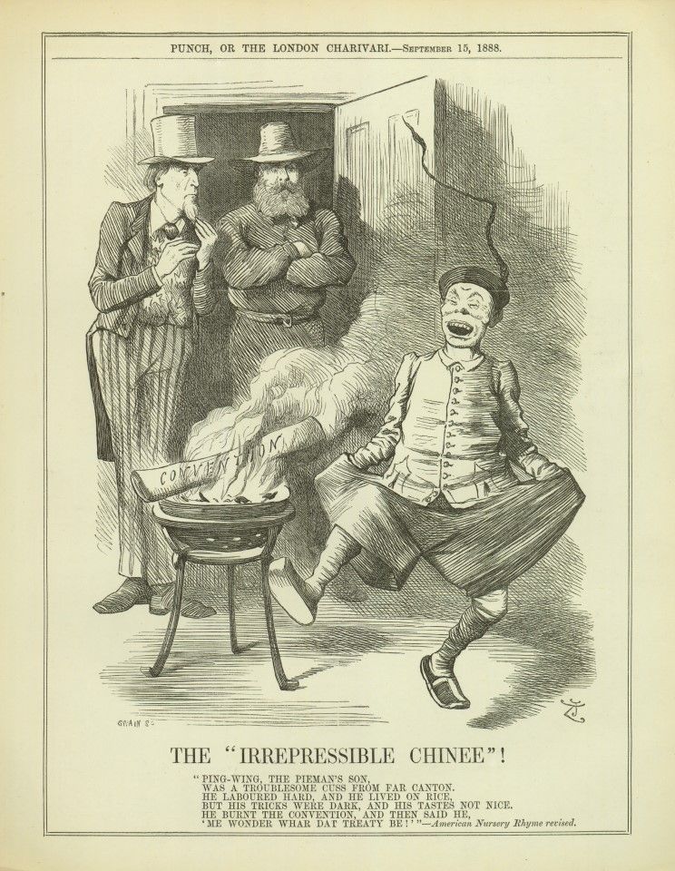 A black and white wood engraving from British Punch Magazine, 15 September 1888, titled "The 'Irrepressible Chinee'!" (The text reads: "Ping-Wing, the pieman's son, was a troublesome cuss from far Canton. He laboured hard, and he lived on rice, but his tricks were dark and his tastes not nice. He burnt the convention, and then said he, 'Me wonder whar dat treaty be!'" - American Nursery Rhyme revised.)