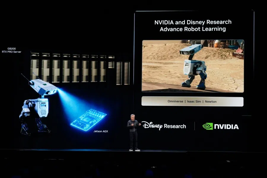 Jensen Huang, chief executive officer of Nvidia Corp., during the keynote address at the Nvidia AI summit in Washington, DC, US, on 28 October 2025. (Kent Nishimura/Bloomberg)