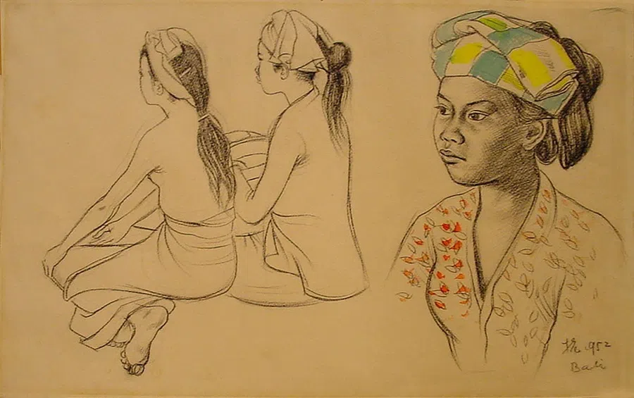 Liu Kang, Studies of Balinese Woman, Charcoal and pastel on paper, 34.3 x 54 cm. Gift of Malcolm MacDonald.