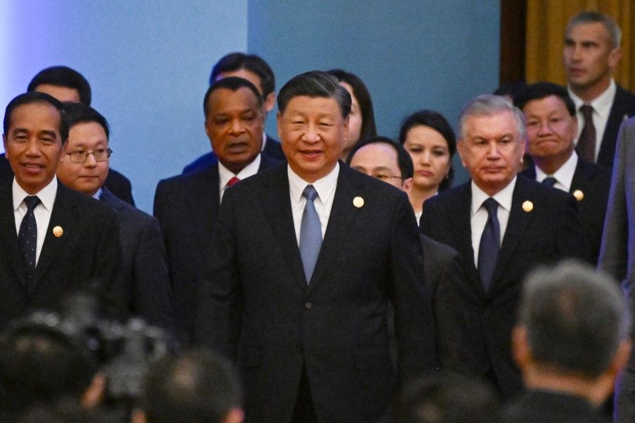 China's President Xi Jinping (centre) arrives with other leaders for the opening ceremony of the third Belt and Road Forum for International Cooperation at the Great Hall of the People in Beijing on 18 October 2023. (Pedro Pardo/AFP)