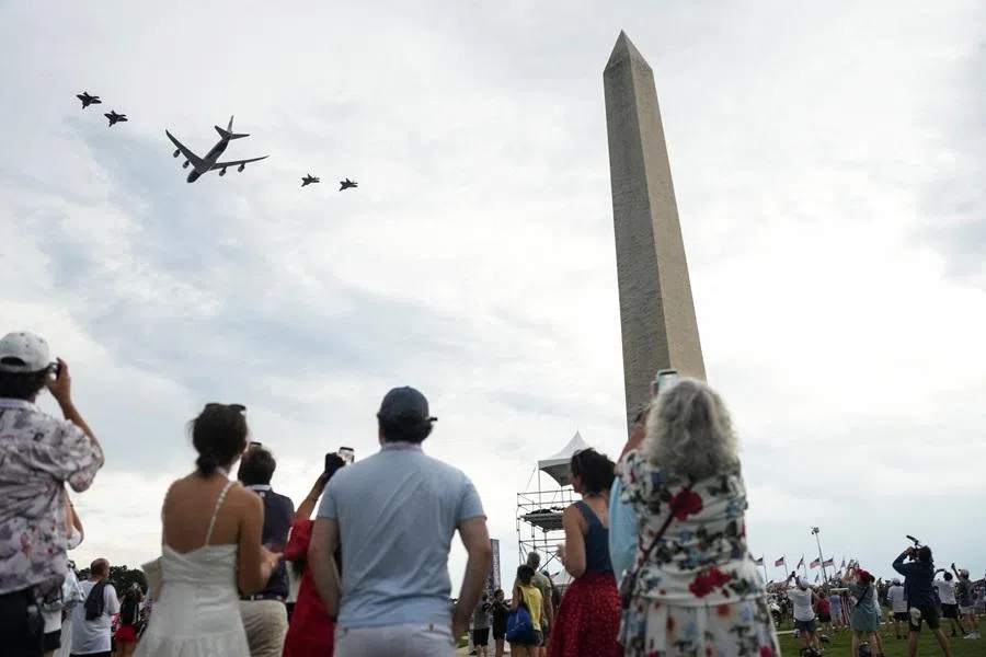 Air Force One flies over the National Mall, as part of Fourth of July celebrations marking the 250th anniversary of US independence, in Washington, DC, US, on 4 July 2026.