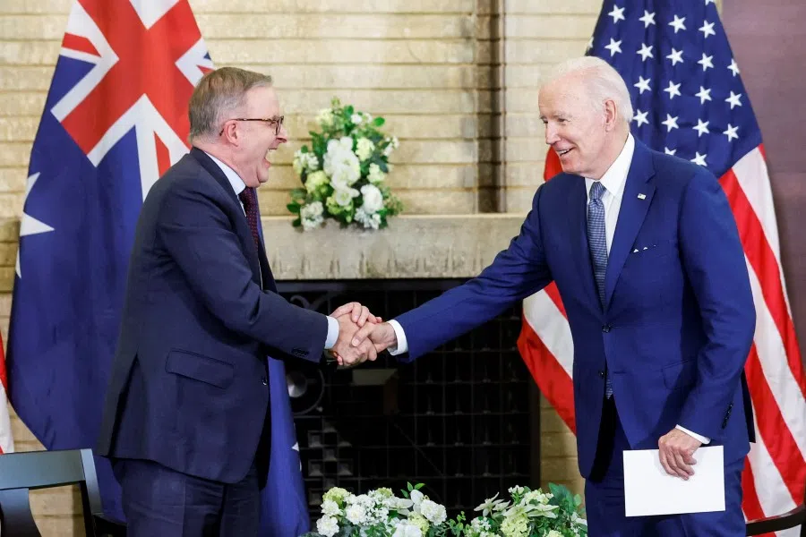 US President Joe Biden and Australia's Prime Minister Anthony Albanese hold a bilateral meeting alongside the Quad Summit at Kantei Palace in Tokyo, Japan, 24 May 2022. (Jonathan Ernst/Reuters)