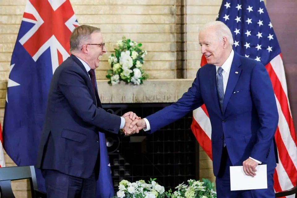 US President Joe Biden and Australia's Prime Minister Anthony Albanese hold a bilateral meeting alongside the Quad Summit at Kantei Palace in Tokyo, Japan, 24 May 2022. (Jonathan Ernst/Reuters)