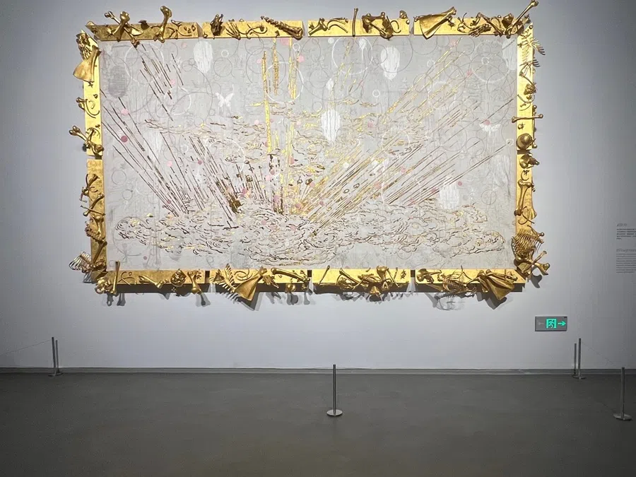 The Same for N Times 《N年的一样》, 2011. Multicolour silk embroidery, silk cloth, gold foil, wooden-frame, resin polyurea.