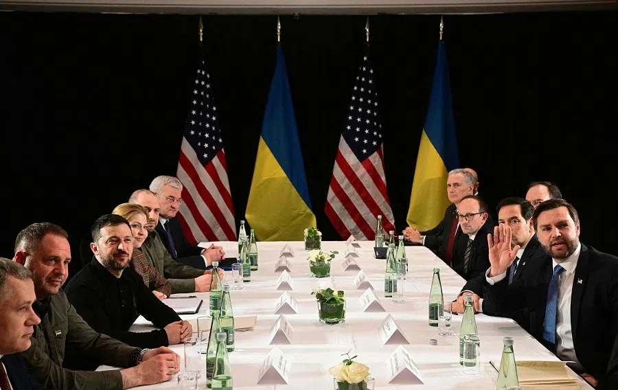 US Vice-President JD Vance (right), US Secretary of State Marco Rubio (second right) and Ukrainian President Volodymyr Zelensky (third left) meet on the sidelines of the 61st Munich Security Conference (MSC) in Munich, southern Germany, on 14 February 2025. (Tobias Schwarz/AFP)